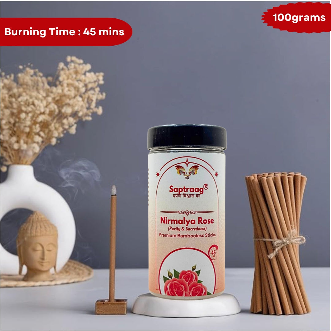 Saptraag Premium Nirmalya Rose Dhoop Sticks | Bambooless Natural Incense for Pooja, Meditation & Home Fragrance | Long Lasting and 100% Natural and Toxin Free - 125 Grams