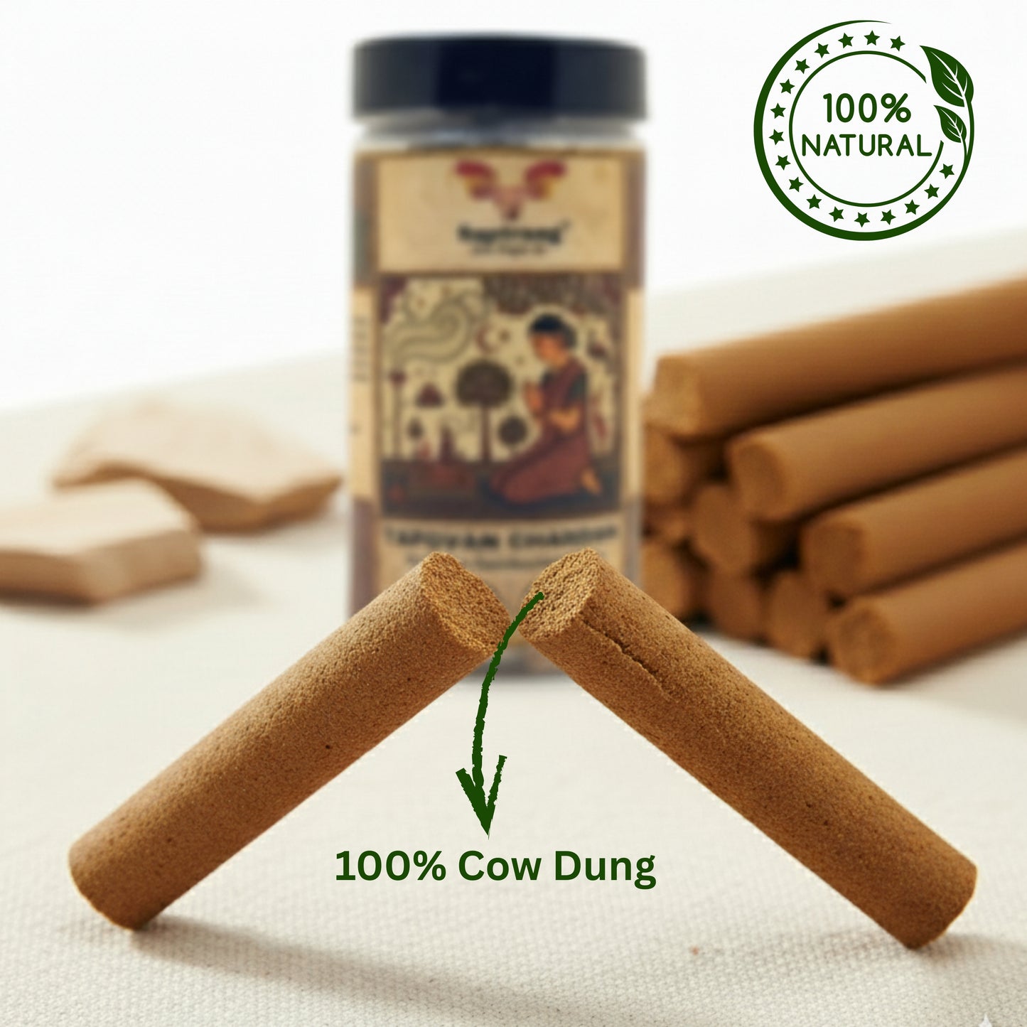 Saptraag Tapovan Chandan Bambooless  Cowdung Dhoop Sticks (100g) | 100% Charcoal-Free