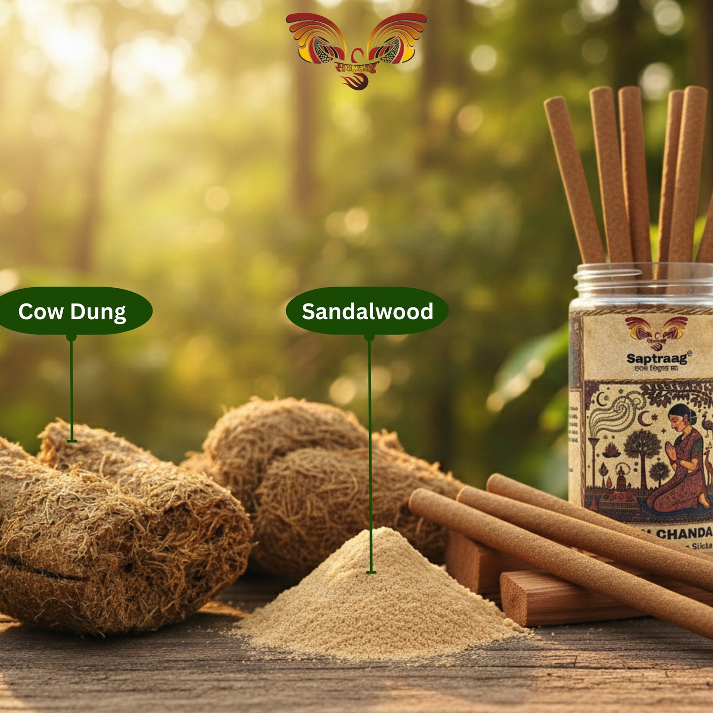 Saptraag Tapovan Chandan Bambooless  Cowdung Dhoop Sticks (100g) | 100% Charcoal-Free