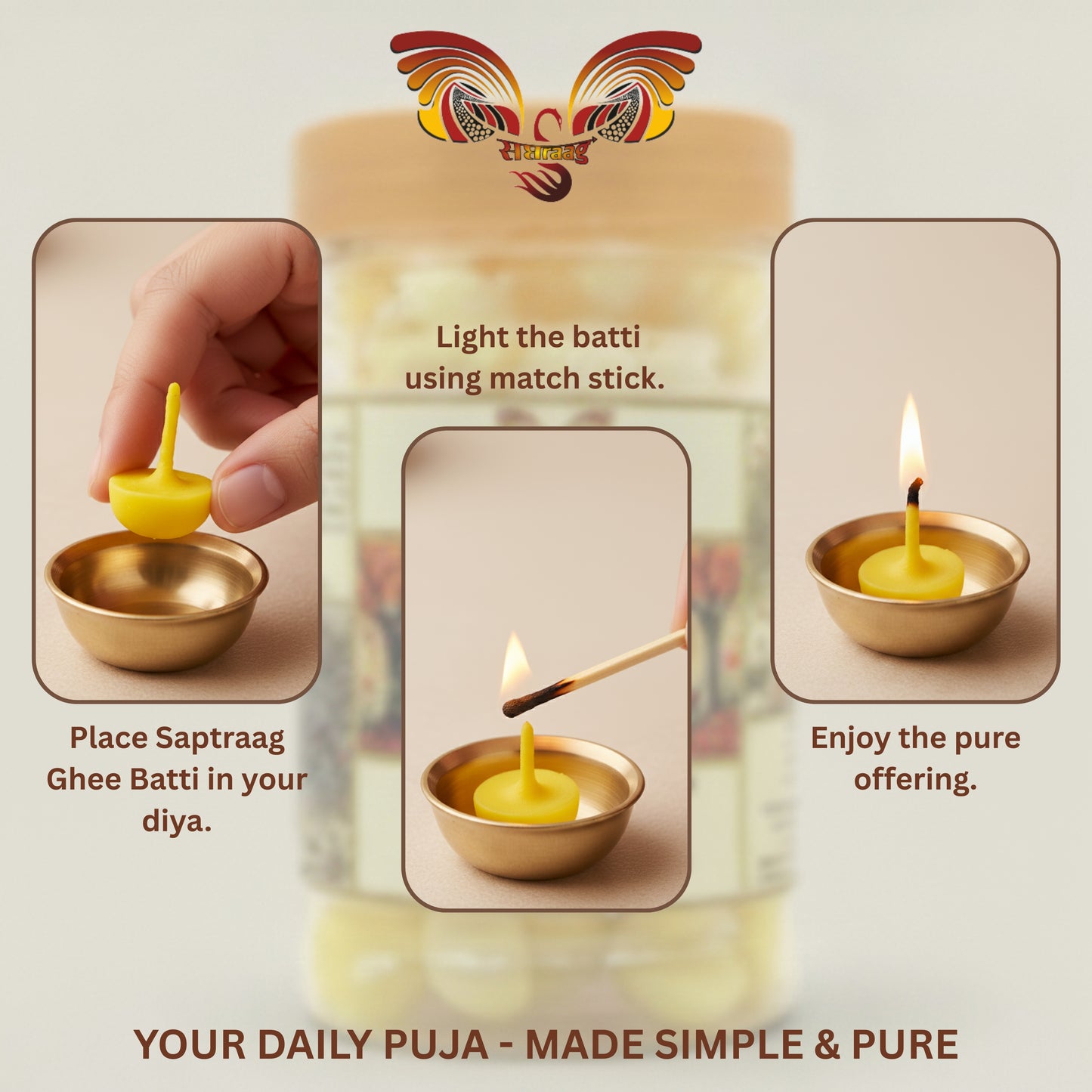 Saptraag 100% Pure Cow Ghee Batti (100 Pcs) | 100% Wax-Free & Soot-Free | Ready to Light Diya Wicks