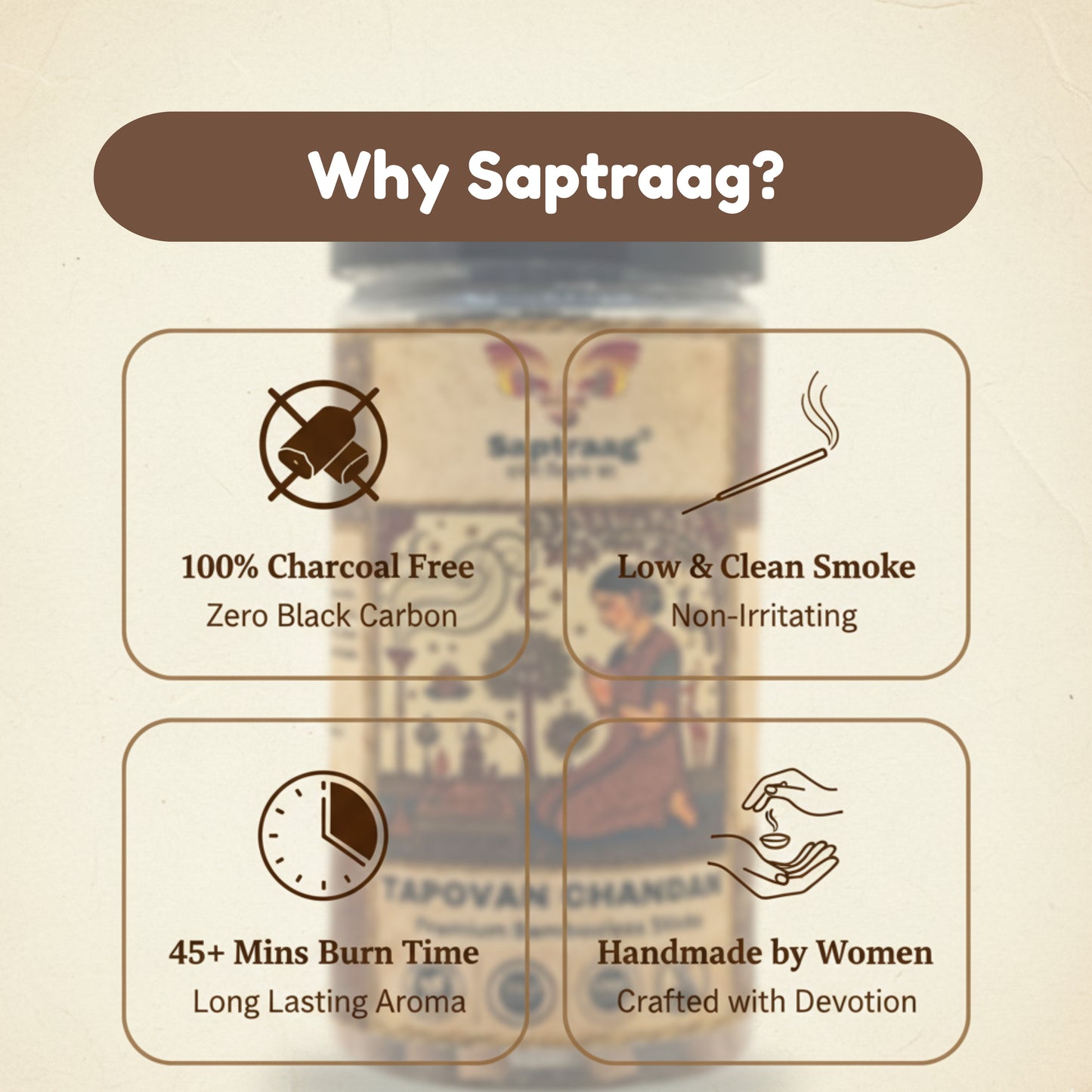 Saptraag Tapovan Chandan Bambooless  Cowdung Dhoop Sticks (100g) | 100% Charcoal-Free