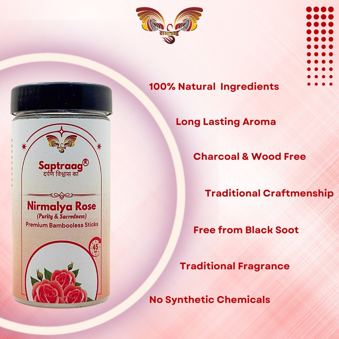 Saptraag Premium Nirmalya Rose Dhoop Sticks | Bambooless Natural Incense for Pooja, Meditation & Home Fragrance | Long Lasting and 100% Natural and Toxin Free - 125 Grams
