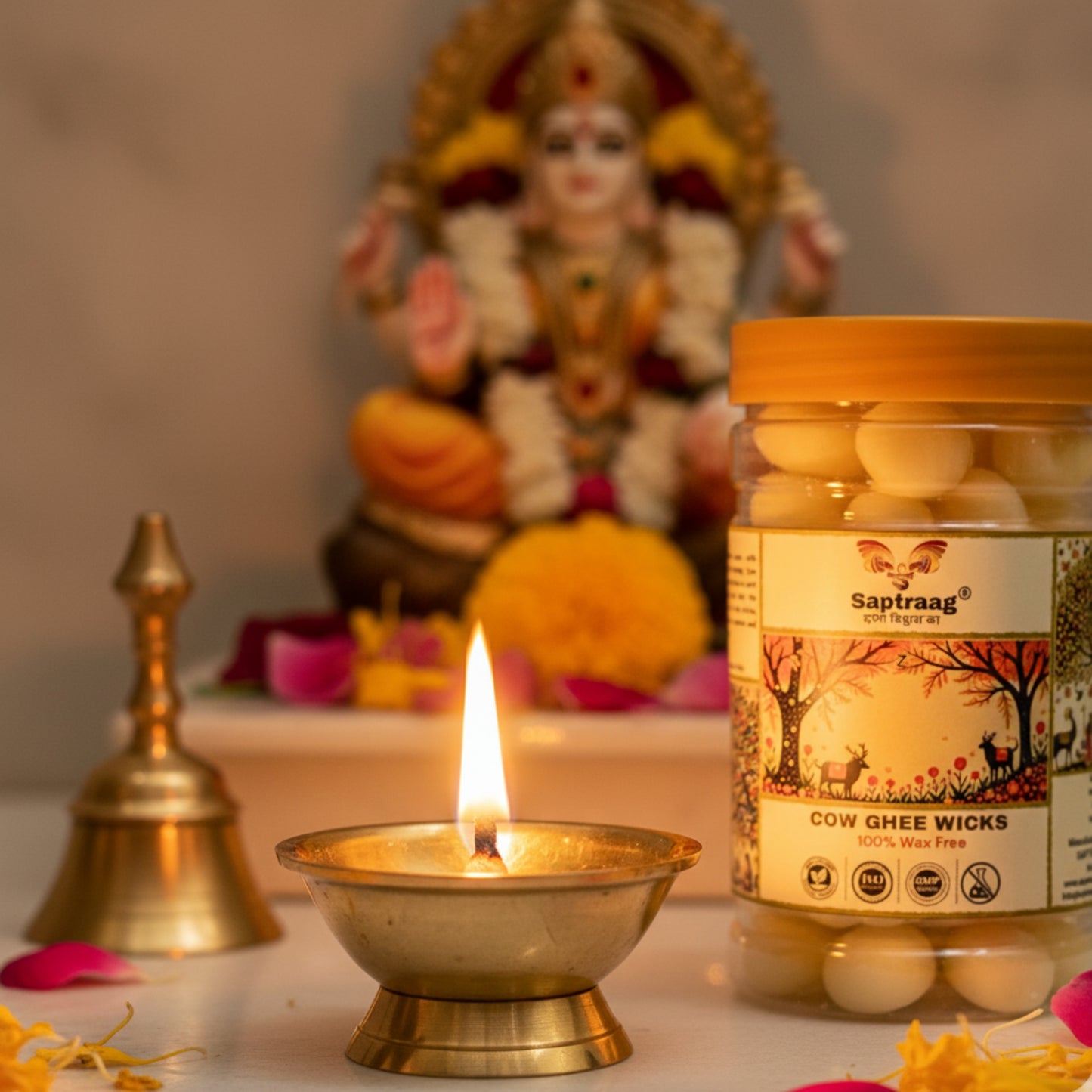 Saptraag 100% Pure Cow Ghee Batti (100 Pcs) | 100% Wax-Free & Soot-Free | Ready to Light Diya Wicks