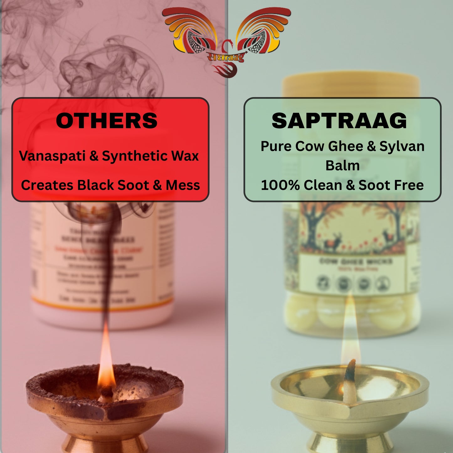 Saptraag 100% Pure Cow Ghee Batti (100 Pcs) | 100% Wax-Free & Soot-Free | Ready to Light Diya Wicks