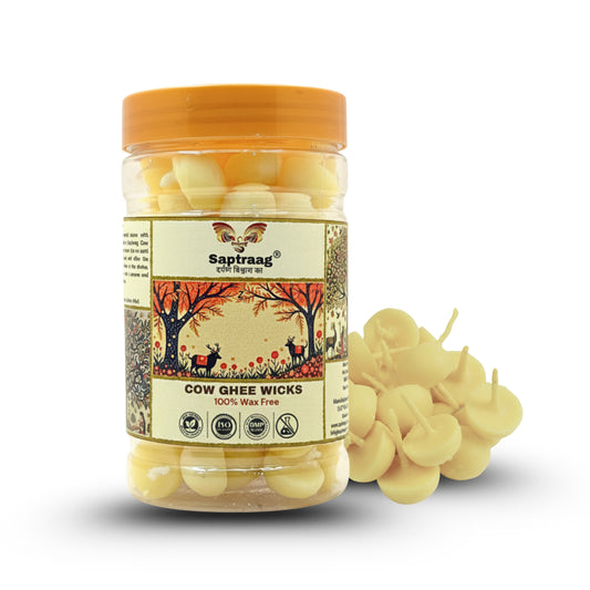 Saptraag 100% Pure Cow Ghee Batti (100 Pcs) | 100% Wax-Free & Soot-Free | Ready to Light Diya Wicks